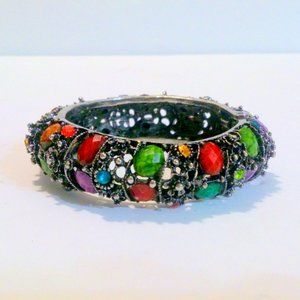 Gunmetal Multi Color Rhinestone Hinged Bangle Bracelet